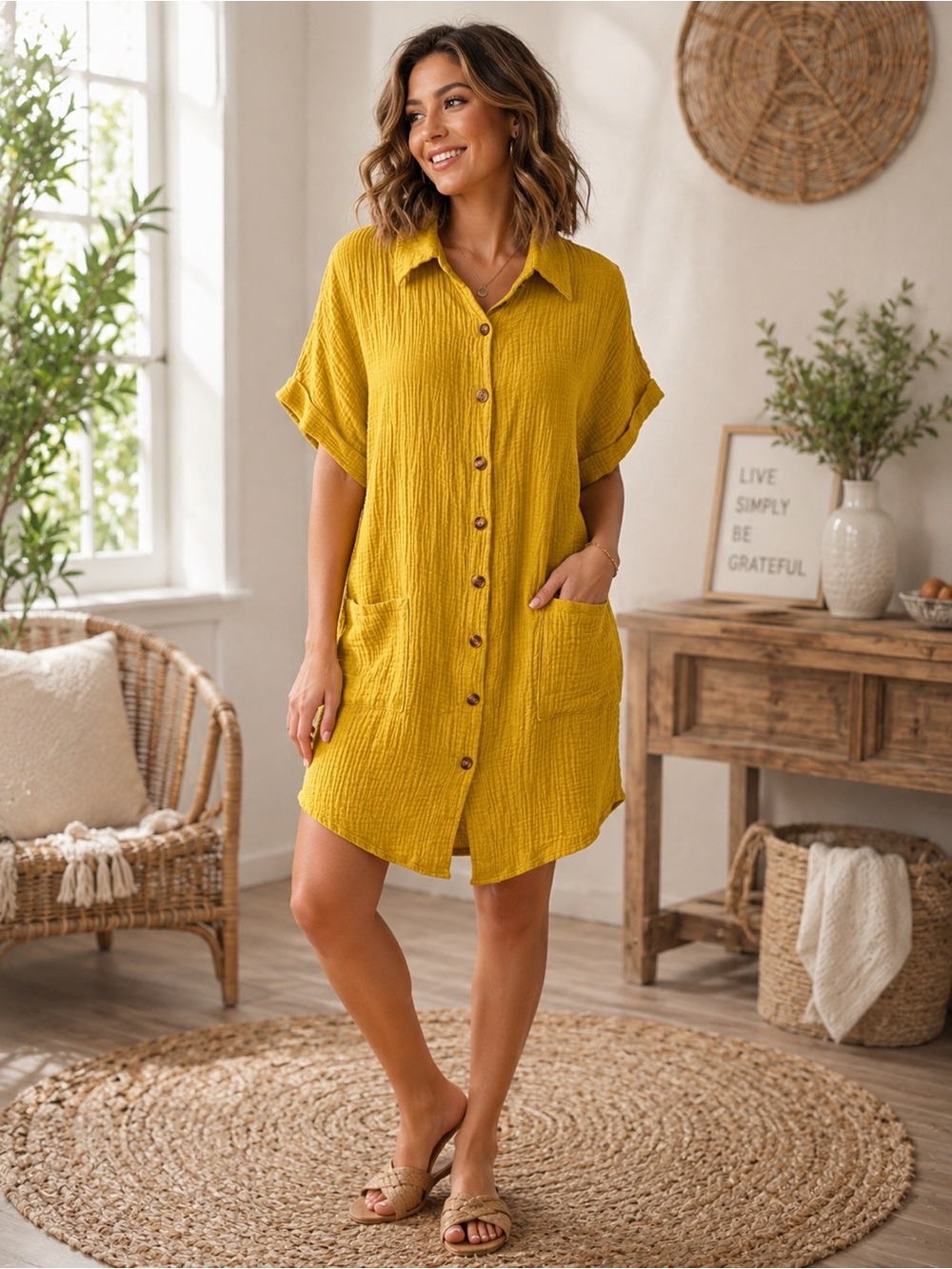 319) Mustard Yellow Textured Button-Front Shirt Dress with Pockets